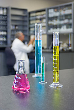 长颈瓶,量筒,坐,台面,化学,实验室