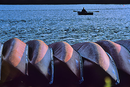 划艇,湖岸,玛琳湖,碧玉国家公园,艾伯塔省,加拿大