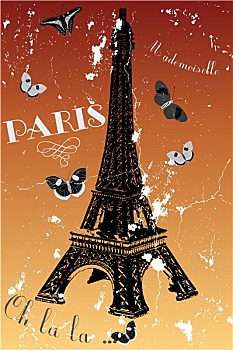 巴黎,旧式,海报,埃菲尔铁塔,蝴蝶,法国
