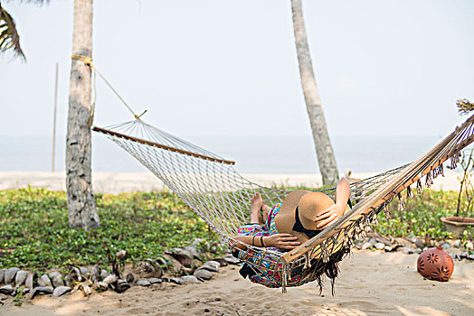 女人,躺着,吊床,海滩