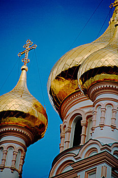 欧洲,乌克兰,黑海,雅尔塔,亚历山大涅夫斯基大教,俄国东正教堂,金色,洋葱形屋顶