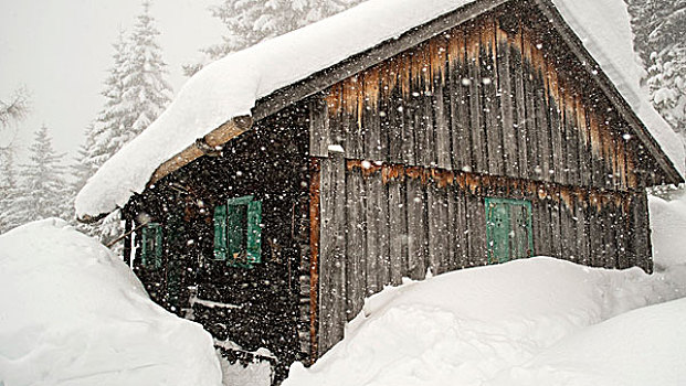积雪,高山,小屋