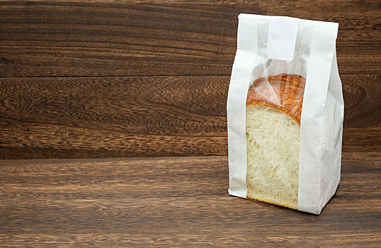 一袋白色环保纸包装的切片面包摆放在木桌上