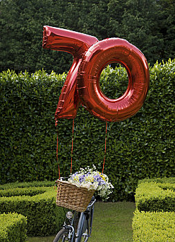 红色,充气,气球,形状,数字,70多岁,联结,停放,花园