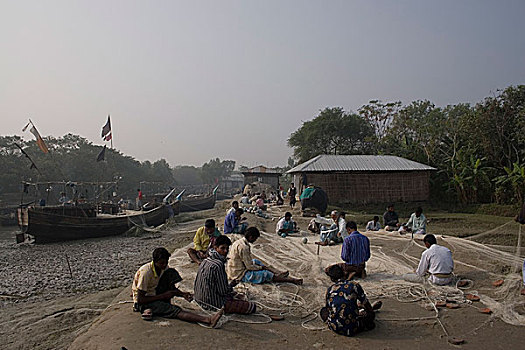 渔民,打结,渔网,木豆,红点鲑,孟加拉,一月,2008年