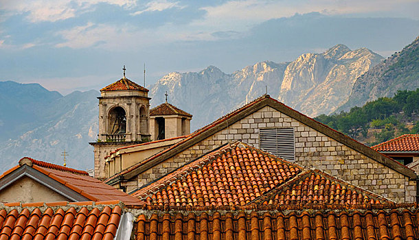 屋顶,老城,塔,大教堂,正面,山,黑山,欧洲