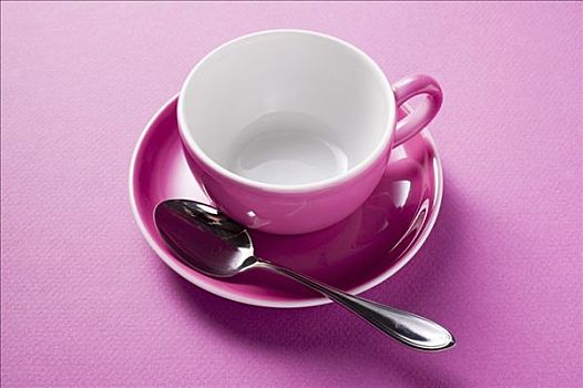 粉色,咖啡杯,勺子,碟