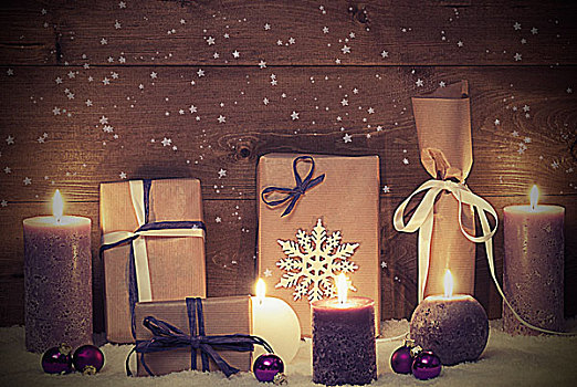 旧式,低劣,时尚,紫色,圣诞礼物,蜡烛,星