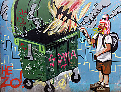 男人,面罩,烧烤,鱼,上方,垃圾箱,壁画,街头艺术,帕尔玛,马略卡岛,巴利阿里群岛,西班牙,欧洲