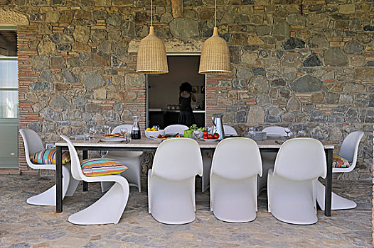 地中海,平台,就餐区,白色,壳,椅子,桌子,石墙