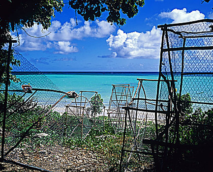 捕虾笼,热带沙滩,瓜德罗普,法国,西印度群岛