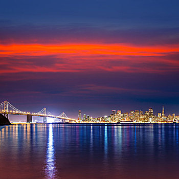 旧金山,日落,天际线,海湾大桥,加利福尼亚,反射,湾,水,美国