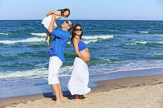 家庭,海岸,怀孕,母亲
