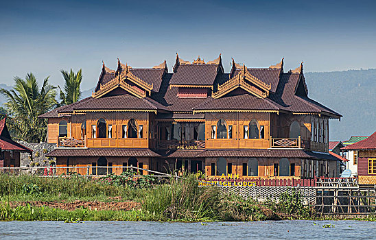 房子,竹子,棍,茵莱湖,缅甸