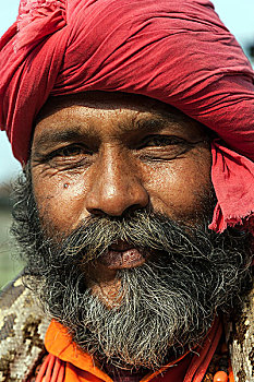 尼泊尔人,男人,穿,红色,缠头巾,头像,波卡拉,尼泊尔,亚洲