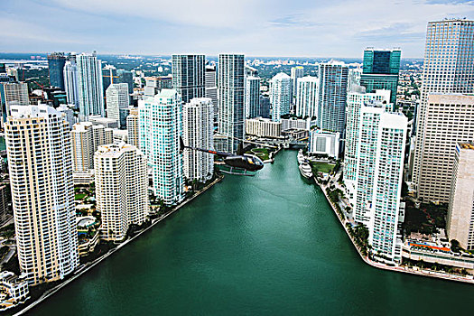 摩天大楼,直升飞机,高处,迈阿密,河,市区,佛罗里达,美国