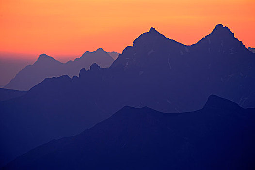 山,全景,黃昏,克莱恩瓦泽泰,阿尔卑斯山,奥地利,欧洲