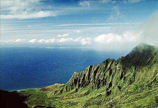 夏威夷,考艾岛,卡拉拉乌谷,漂亮,绿色,悬崖,海洋