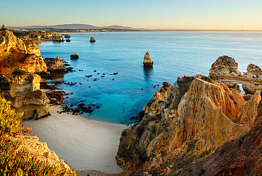 海滩,岩石海岸,清晨,拉各斯,阿尔加维,葡萄牙,欧洲