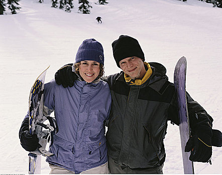 肖像,伴侣,拿着,滑雪板