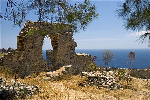 遗址,城堡,高处,中世纪,乡村,摩涅姆瓦西亚,拉科尼亚,伯罗奔尼撒半岛,希腊