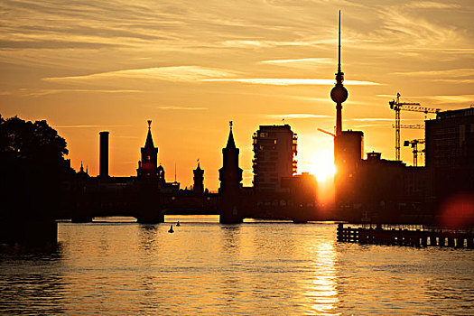柏林,天际线,日落