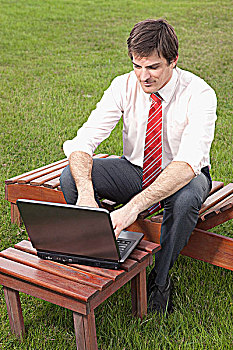 商务人士,笔记本电脑,草地