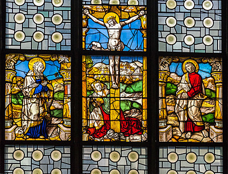 耶稣,十字架,彩色,彩色玻璃窗,文艺复兴,罗马式,教堂,科隆,北莱茵威斯特伐利亚,德国,欧洲