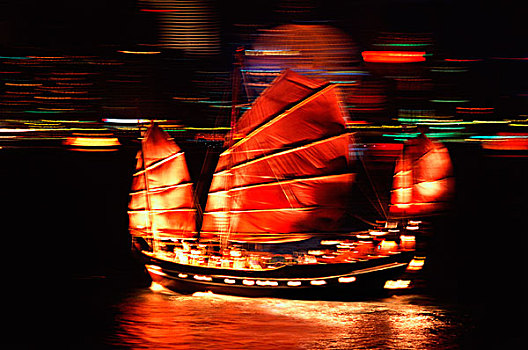 中国,香港,中国帆船,港口,夜晚