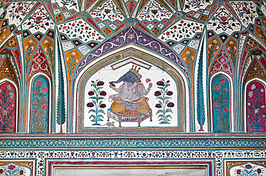 墙壁,描绘,象头神迦尼萨,琥珀色,堡垒,要塞,靠近,斋浦尔,拉贾斯坦邦,印度,亚洲