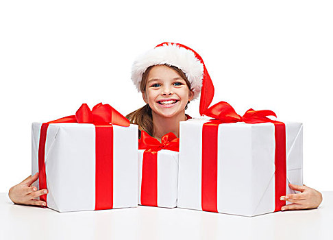 圣诞节,圣诞,冬天,高兴,概念,微笑,女孩,圣诞老人,帽子,许多,礼盒