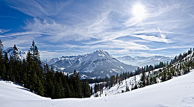 雪景,山,后面,勃兰登堡,阿尔卑斯山,提洛尔,奥地利,欧洲
