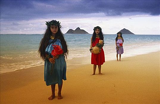夏威夷,瓦胡岛,草裙舞,女孩,海滩,齐墩果状念珠藤