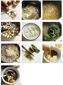 制作,面条汤,虾,香菇,菠菜