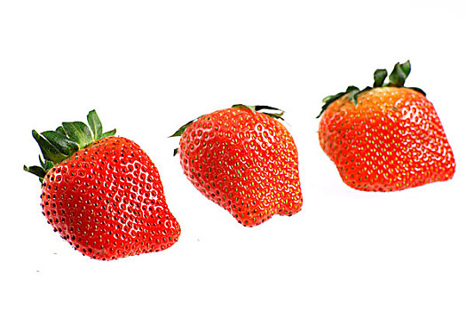 排,三个,草莓,隔绝,白色背景