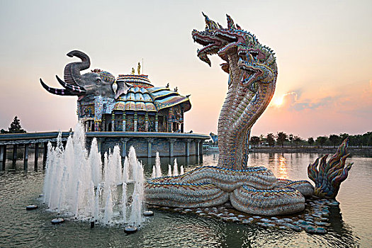 毒蛇,喷泉,正面,大象,庙宇,黃昏,寺院,省,泰国,亚洲