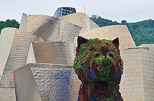 小狗,雕塑,正面,古根海姆博物馆,毕尔巴鄂,巴斯克,西班牙,欧洲