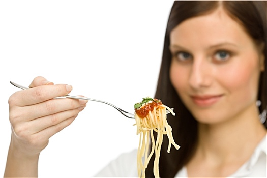 意大利食物,健康,女人,吃饭,意大利面条沙司