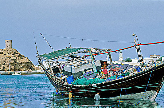 阿曼苏丹国,港口,城镇,阿拉伯海,独桅三角帆船
