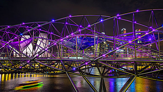 城市,紫色,螺旋,桥,上方,码头,湾,夜晚,新加坡,东南亚
