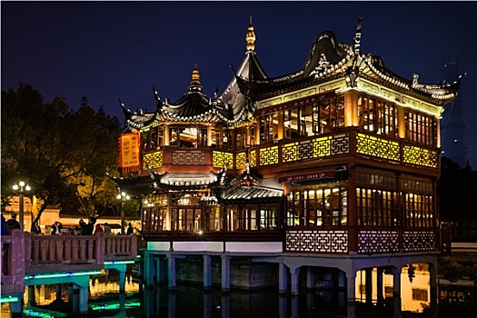 古老,茶馆,尖牙,老城,夜晚,上海,中国