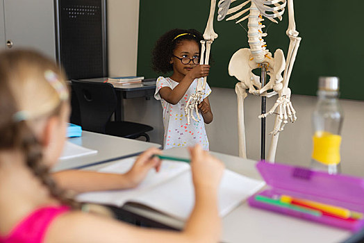 小,女生,解释,人体骨骼,模型,教室