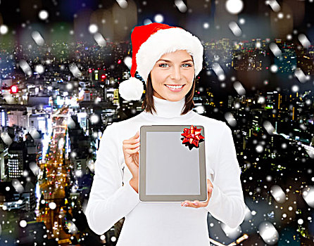 圣诞节,科技,礼物,人,概念,微笑,女人,圣诞老人,帽子,留白,显示屏,平板电脑,电脑,上方,夜晚,城市,背景