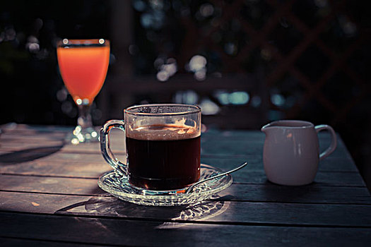 桌子,阳光,一杯咖啡,玻璃,果汁
