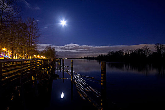 弗雷泽河,清晰,夜晚,满月,反射,港口,加拿大