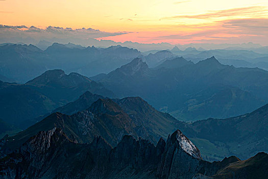 日落,远眺,阿尔卑斯山,东方,瑞士,山,山脉,欧洲
