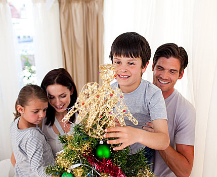 微笑,家庭,装饰,圣诞树,在家