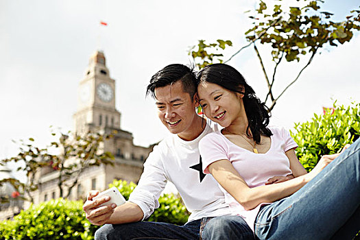 游客,情侣,俯视,智能手机,外滩,上海,中国