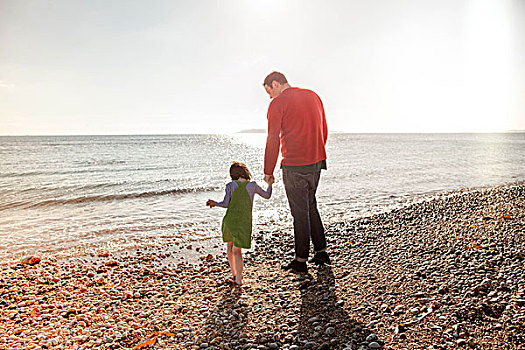 父亲,女儿,站立,海滩,握手,后视图