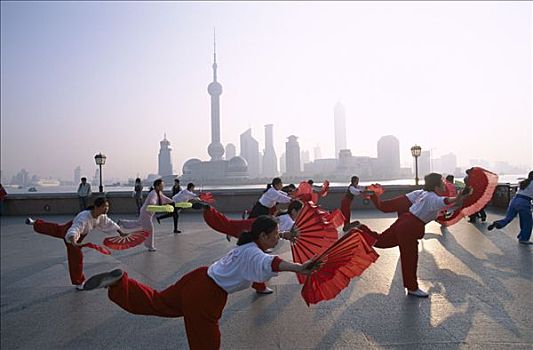 外滩,人,练习,浦东,天际线,背景,上海,中国